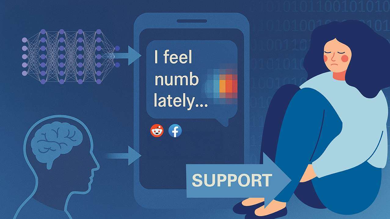 Illustration of a woman looking sad and a smartphone screen with the text words "I feel numb lately..."